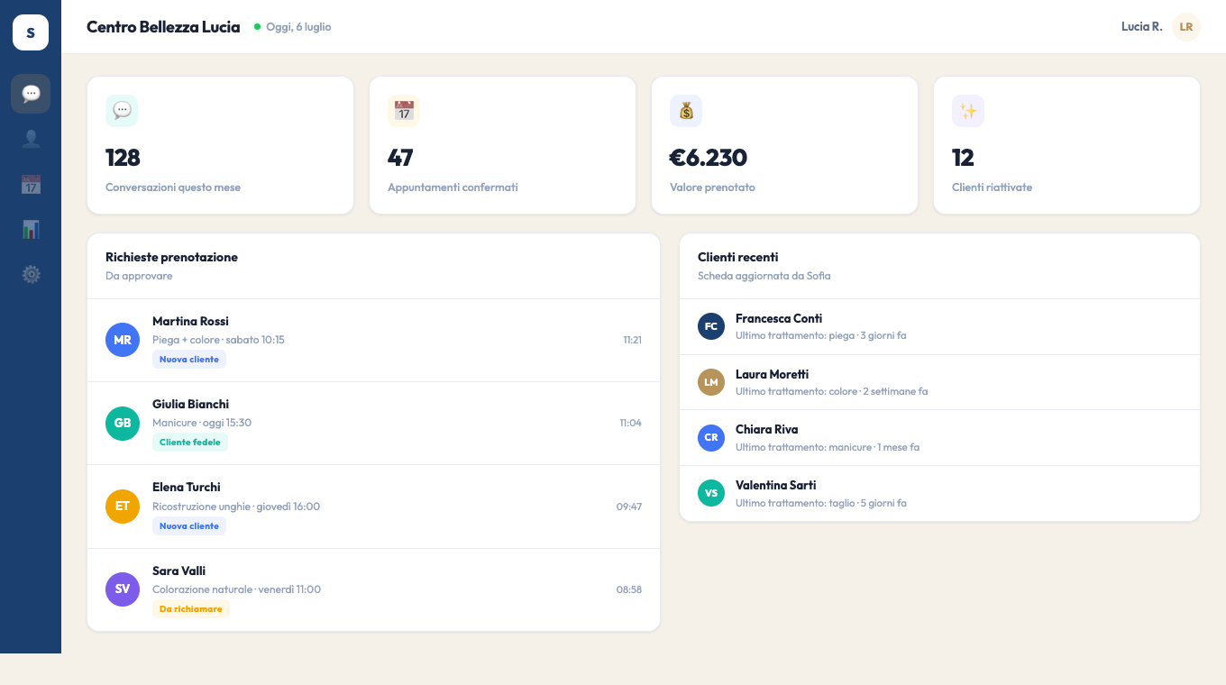 Dashboard SecretarIA: richieste prenotazione e clienti recenti
